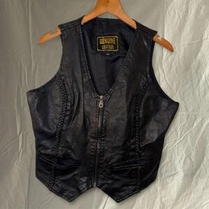 Y2K Black Leather Braided Zip Front Vest